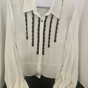 Elegant White Blouse with Black Lace Detail And Pants Set Emma James